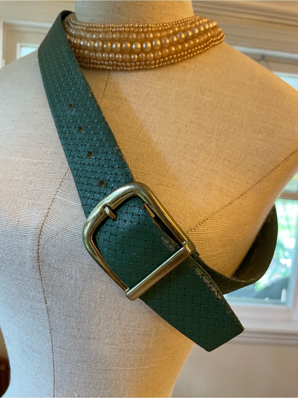 Classic Green Leather Belt with Gold Buckle
